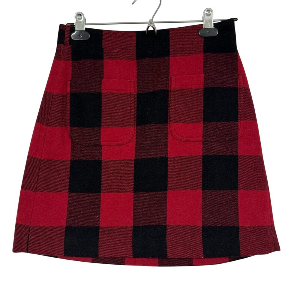 J Crew Red & Black Buffalo Plaid Wool Mini Skirt Women’s 00 Pockets Academia
